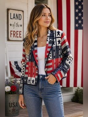 Bedford Fair Americana Tapestry Jacket USA Flag Stars Stripes Vintage Style M